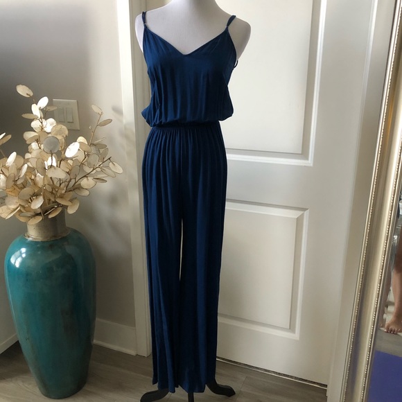 Arden B Pants - Arden B strappy blue wide leg jumpsuit